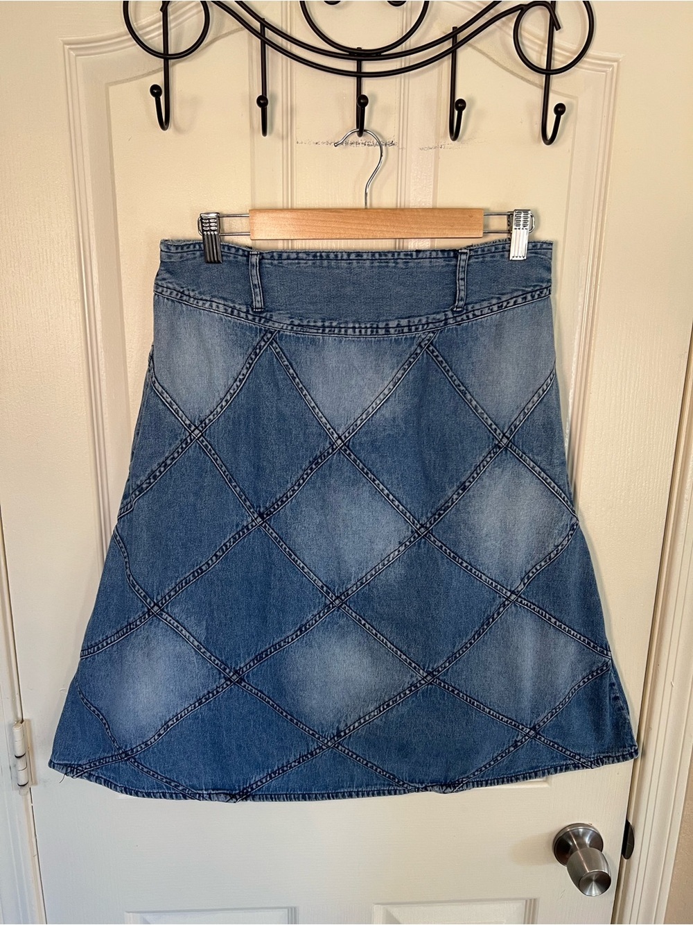 Studio West Patchwork Denim A-Line Skirt Smocked Waist Pockets 100% Cotton